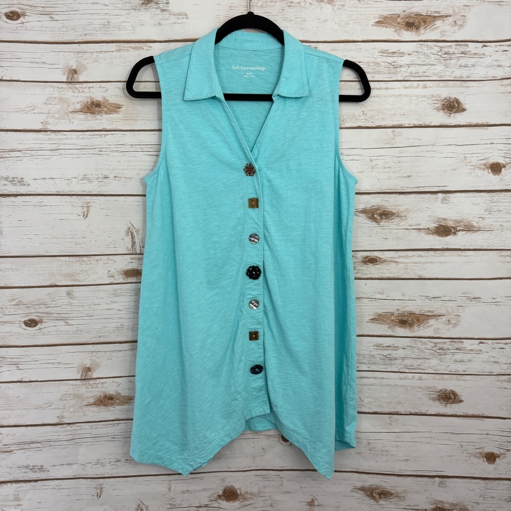 Soft Surroundings Blue Button Lagenlook Tunic Tank Top